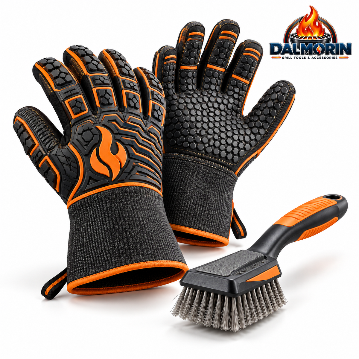 Heat-Resistant BBQ Gloves & Grill Brush Set