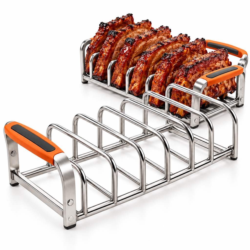 Stainless Steel BBQ Rib Rack with Easy-Grip Handles