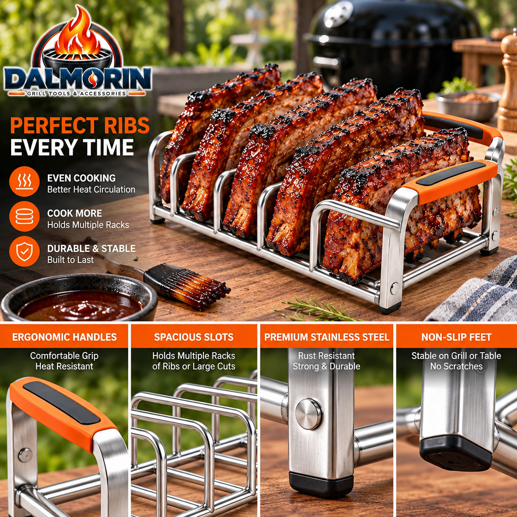 Stainless Steel BBQ Rib Rack with Easy-Grip Handles