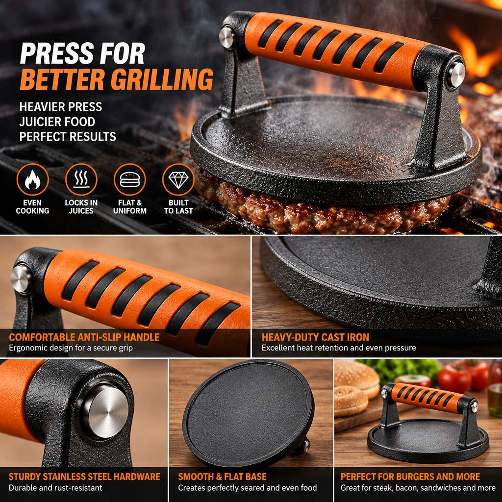 Cast Iron Burger & Steak Grill Press