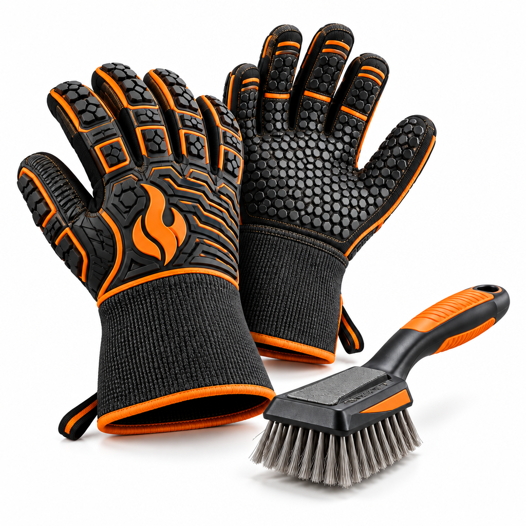 Heat-Resistant BBQ Gloves & Grill Brush Set