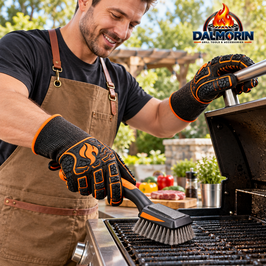 Heat-Resistant BBQ Gloves & Grill Brush Set