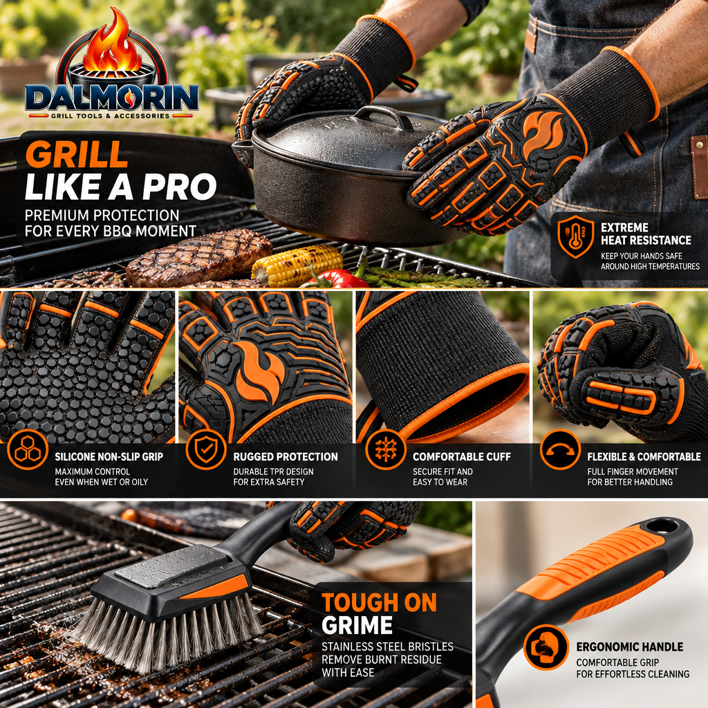 Heat-Resistant BBQ Gloves & Grill Brush Set