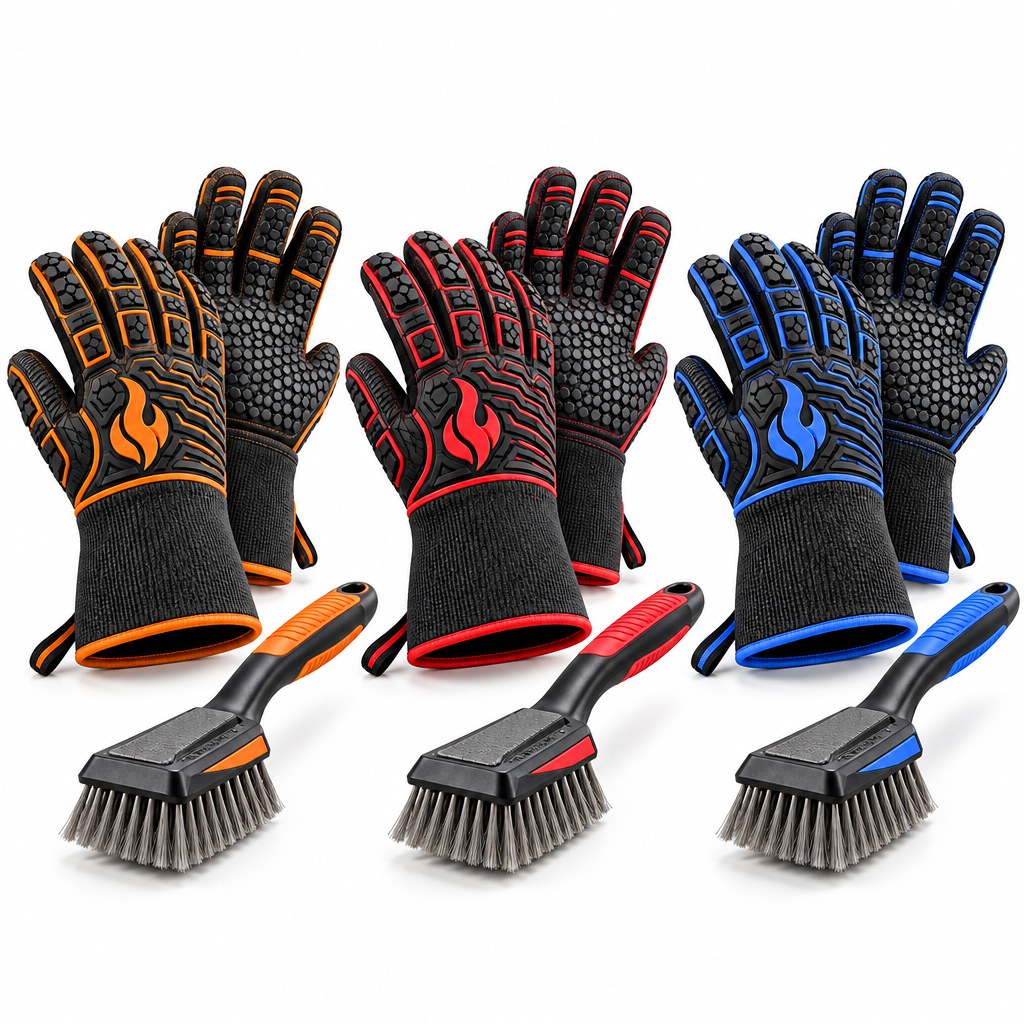 Heat-Resistant BBQ Gloves & Grill Brush Set