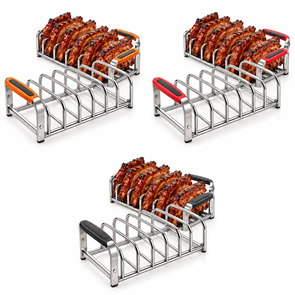 Stainless Steel BBQ Rib Rack with Easy-Grip Handles